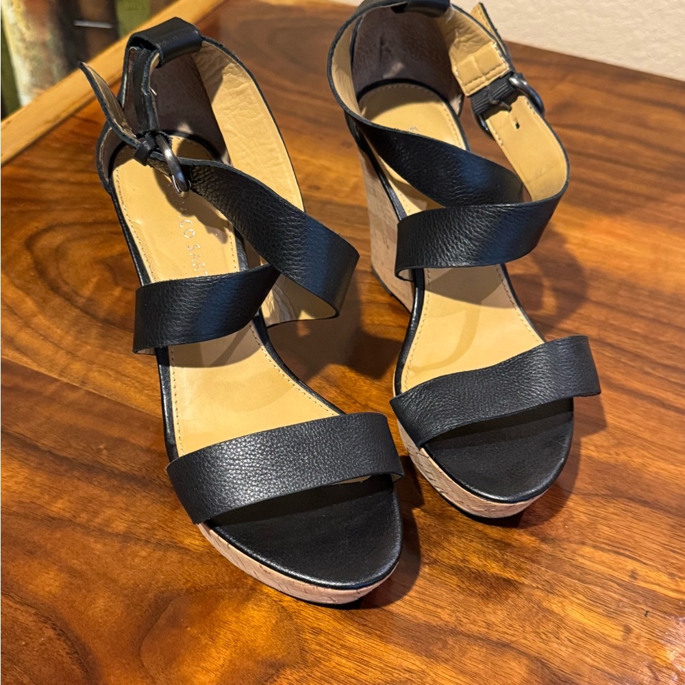 Franco Sarto Black and Tan Wedge Sandals